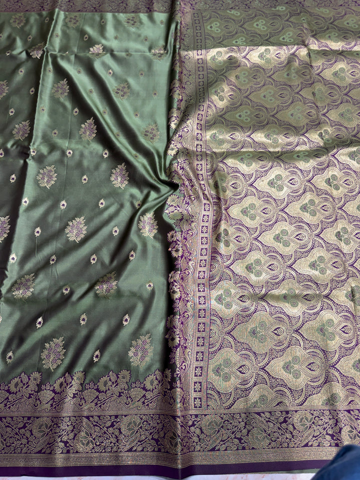 MAHENDI COLOUR WITH MASHRU KATAN FABRIC IN MEENAKARI SAREE