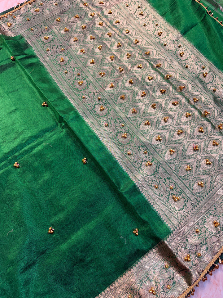 ZARDOSI GHUNGROO WORK SAREE IN BOTTLE GREEN COLOUR SHADE