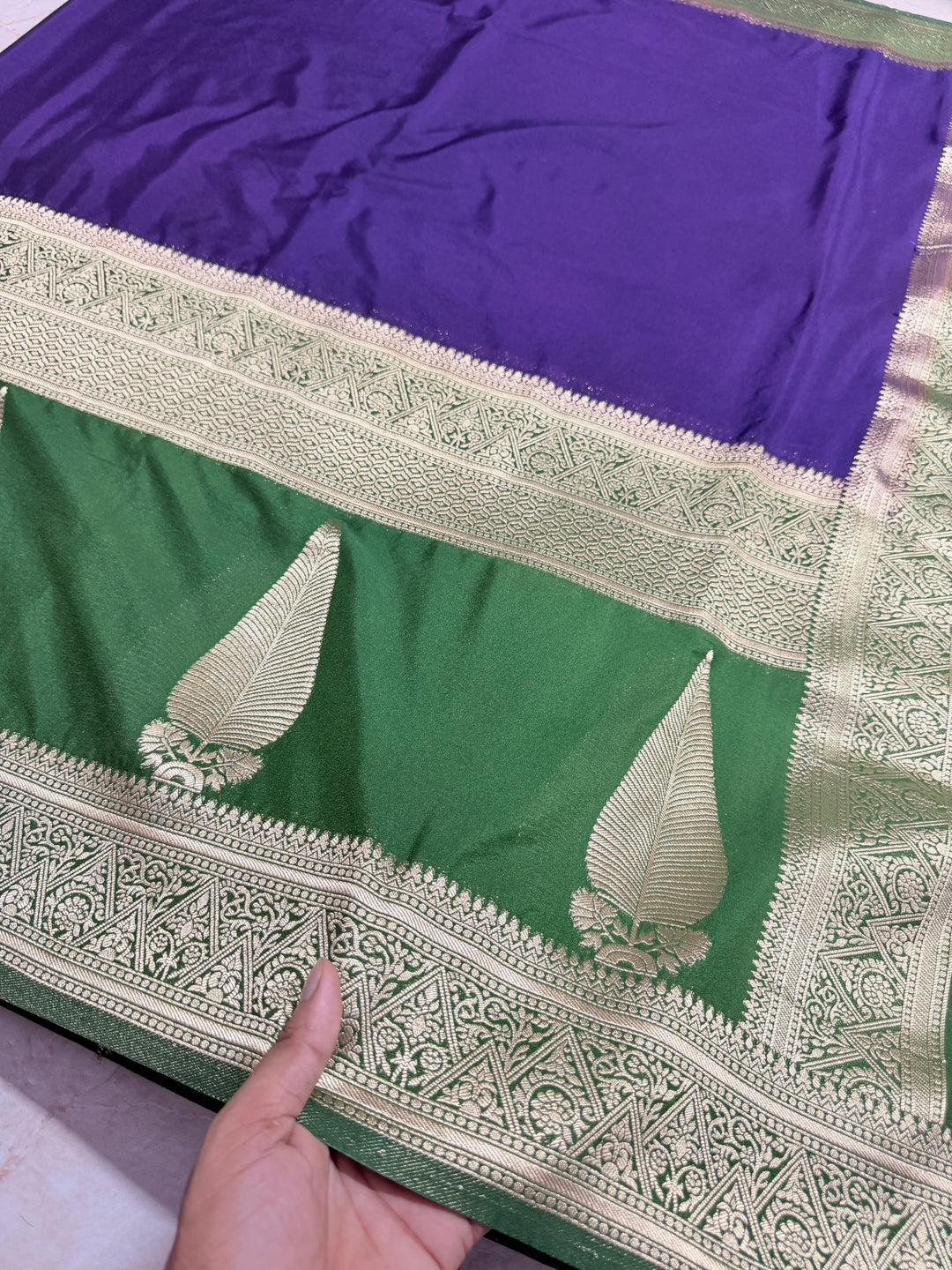 KHADDI GEORGETTE WITH KAIRI BOOTA IN PURPLE AND MEHNDI GREEN BORDER