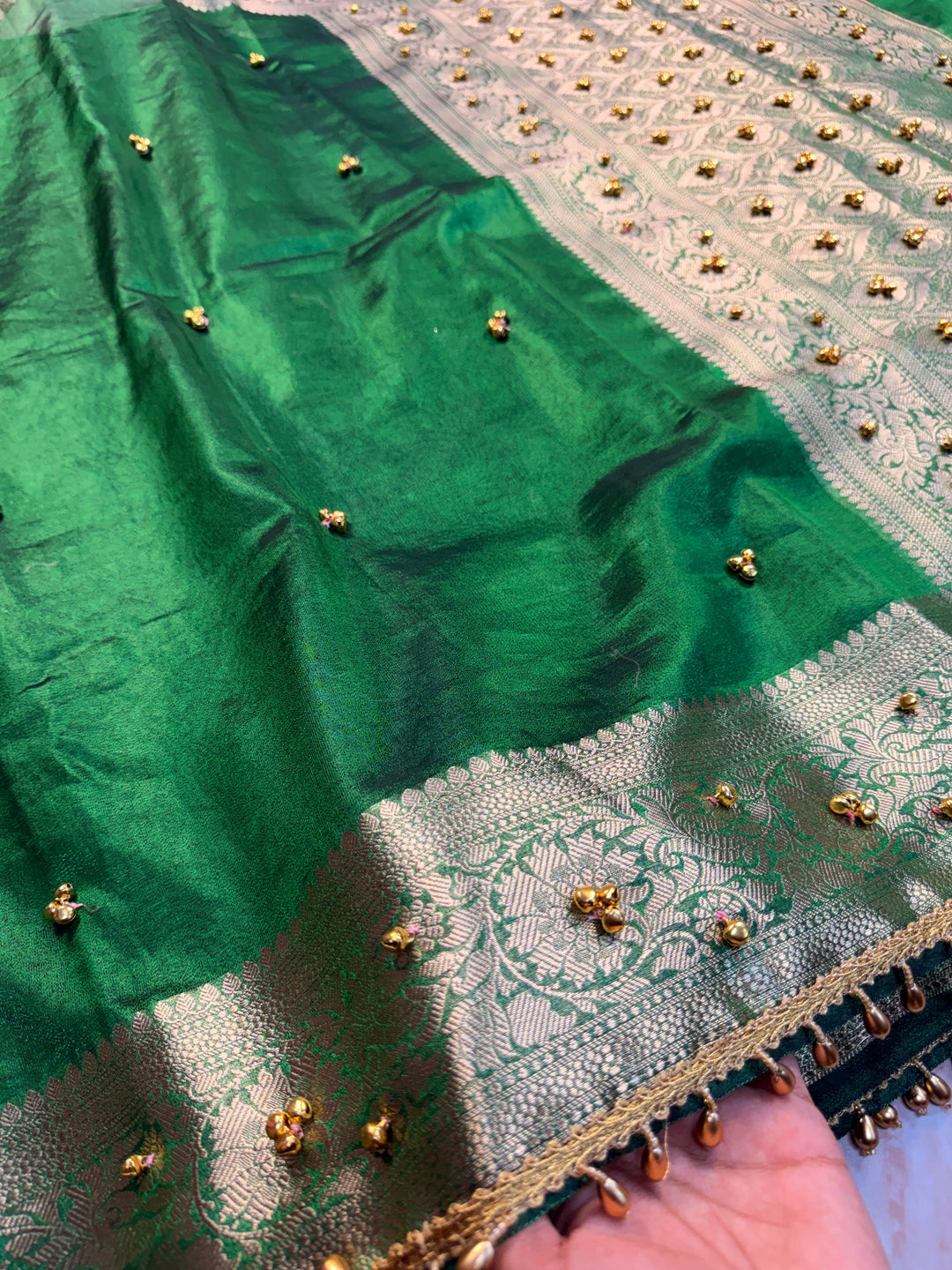 ZARDOSI GHUNGROO WORK SAREE IN BOTTLE GREEN COLOUR SHADE