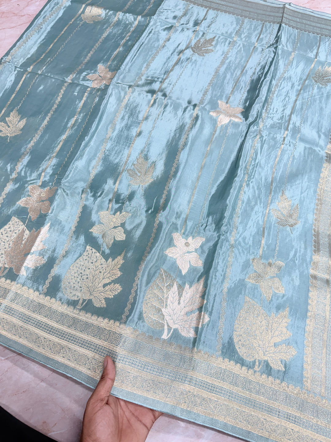 KOREAN SILK IN LIGHT MATALLIC AQUA BLUE WITH GOLD AND SILVER ZARI WORK