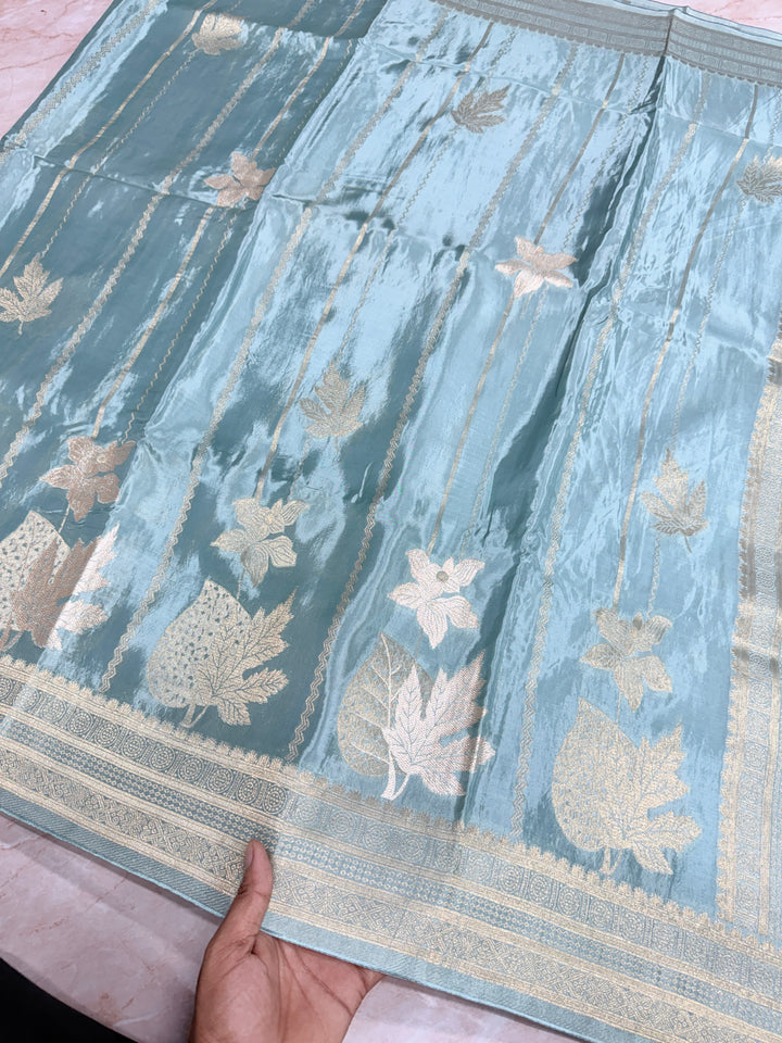 KOREAN SILK IN LIGHT MATALLIC AQUA BLUE WITH GOLD AND SILVER ZARI WORK