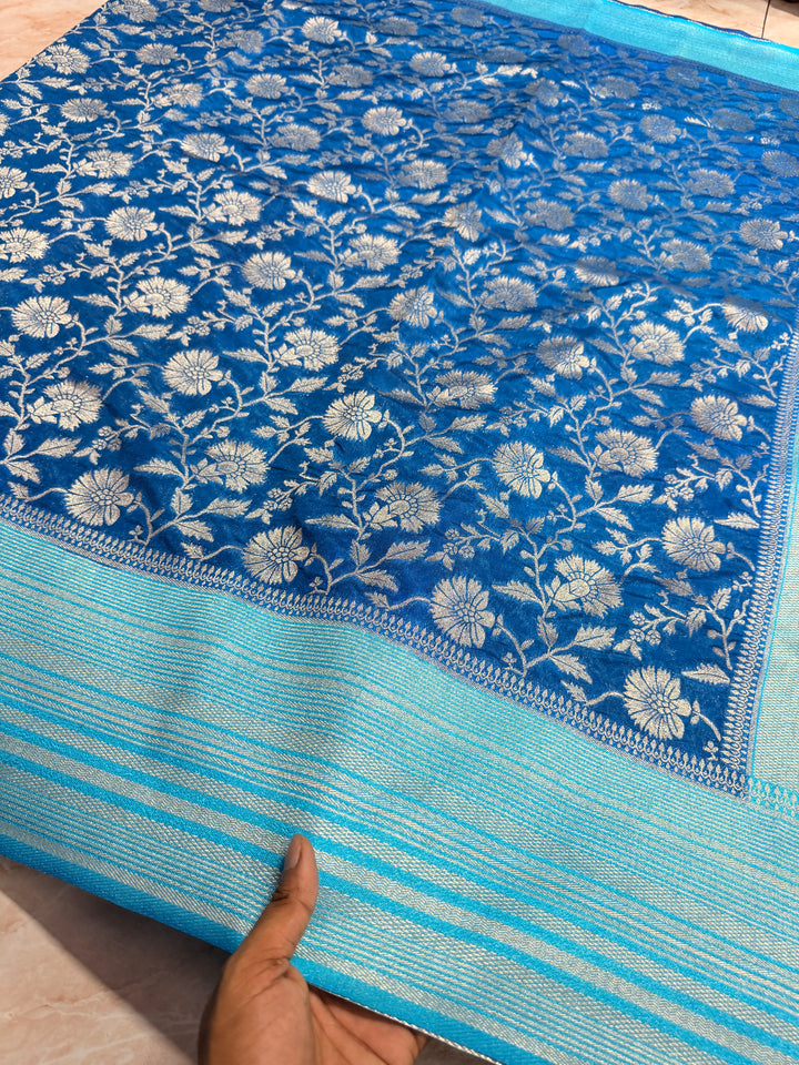 PAPER SILK WITH FLORAL JAAL DESIGN IN GERMAN BLUE COLOUR SHADE