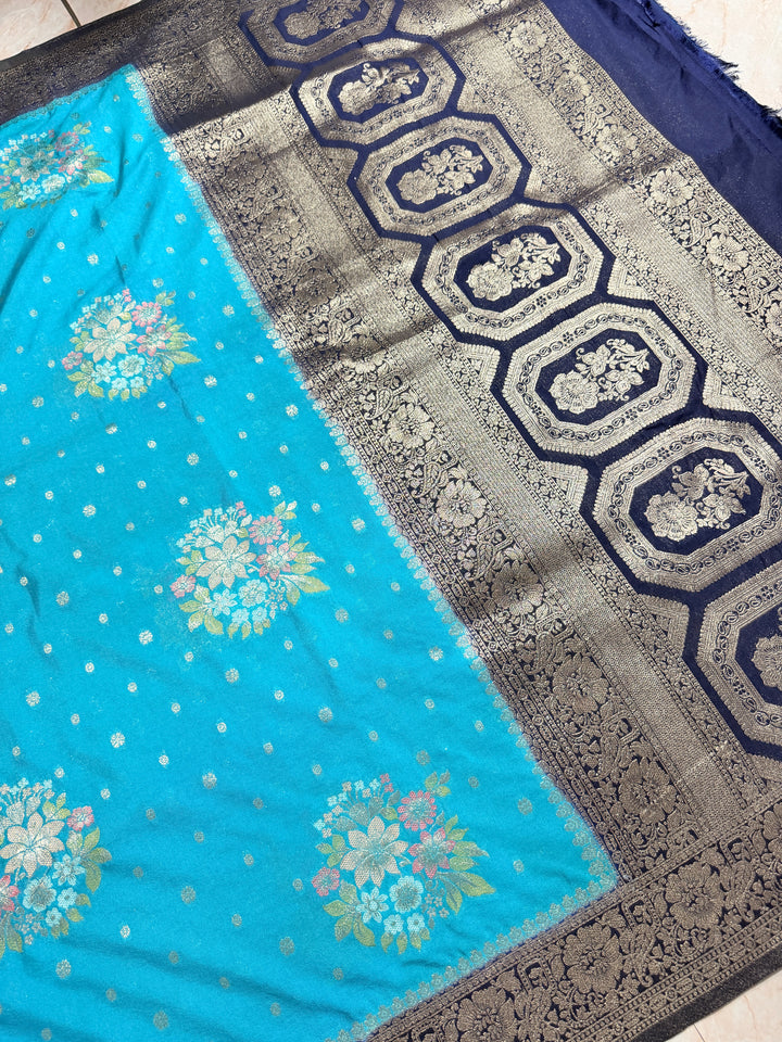 KHADDI GEORGETTE WITH PANCHRANG BOOTA IN PEACOCK COLOUR SHADE