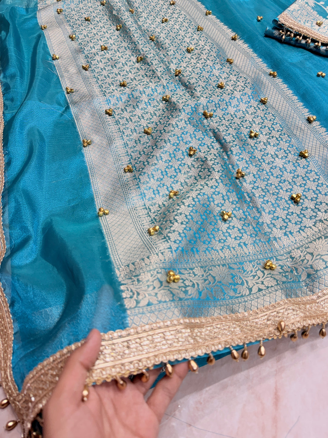 ZARDOSI GHUNGROO WORK SAREE IN MATALLIC TURQUOISE BLUE COLOUR SHADE
