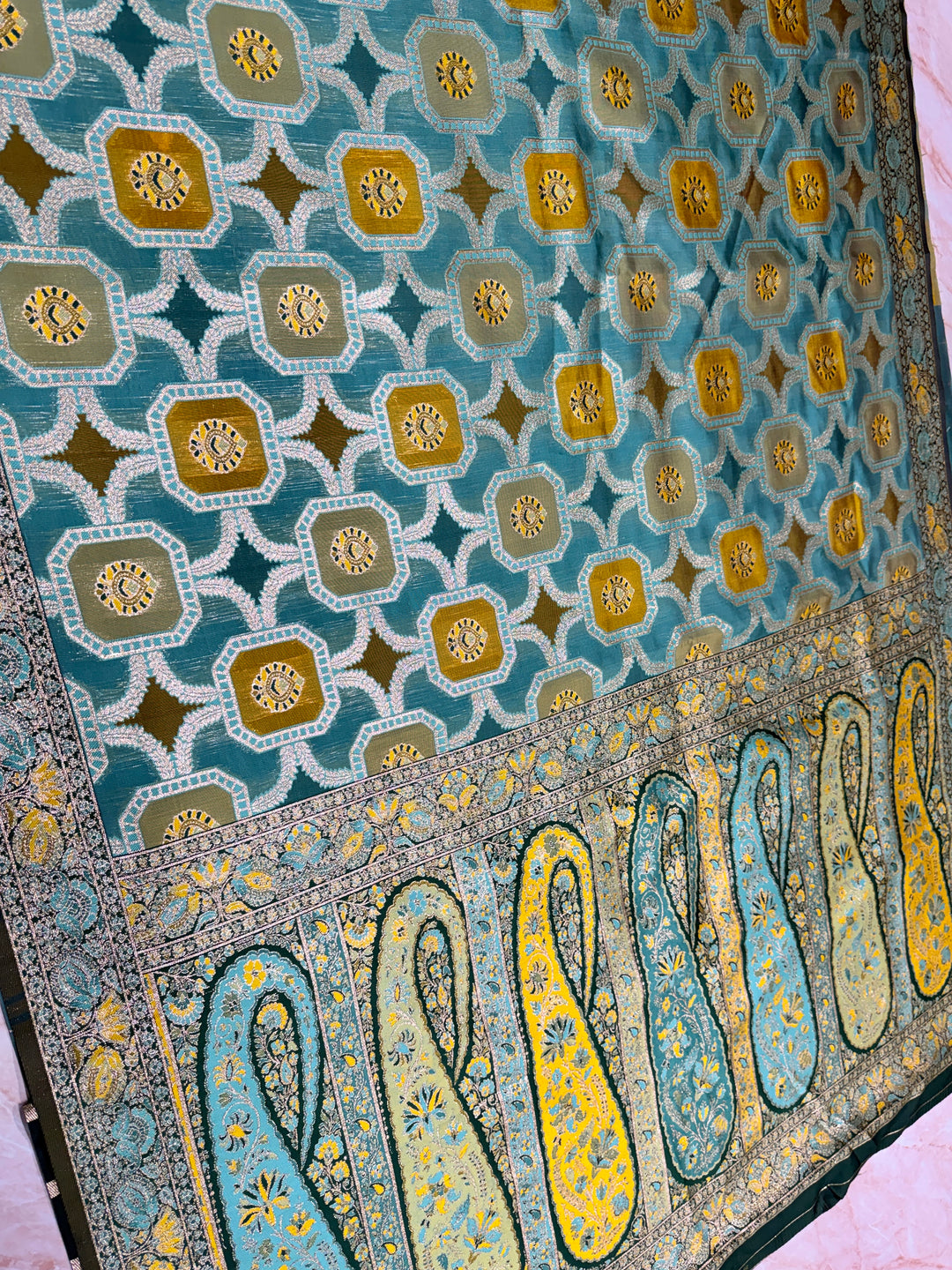 TEAL GREEN WITH MINAKARI MUTICOLOUR DETALING RANGKAAT SAREE IN SEMI SOFT SILK