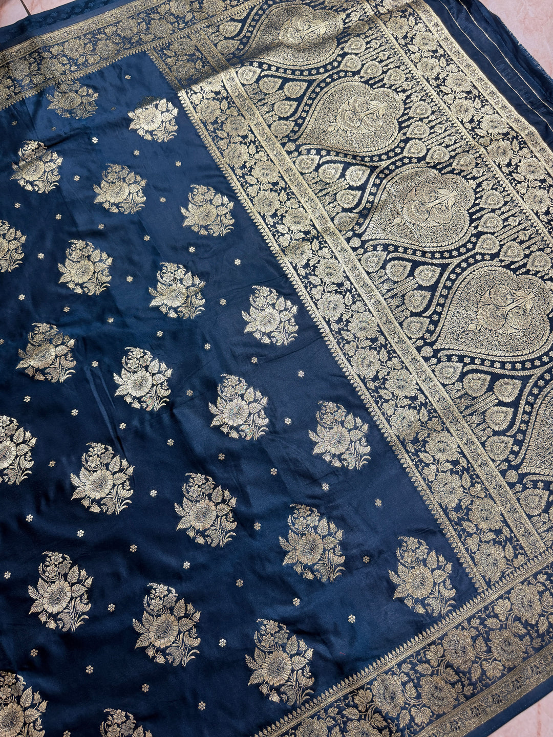 MASHRU KATAN IN DEEP GERMAN BLUE SHADE WITH FLORAL BORDER