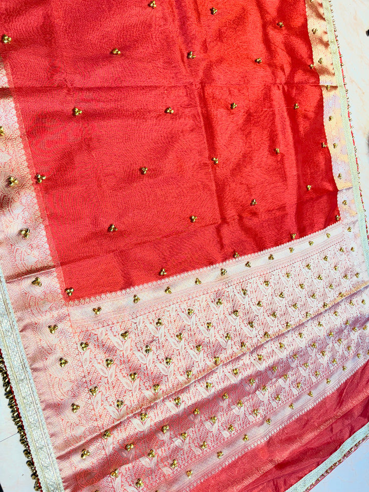 ZARDOSI GHUNGROO WORK SAREE IN CRYSTAL RED COLOUR SHADE