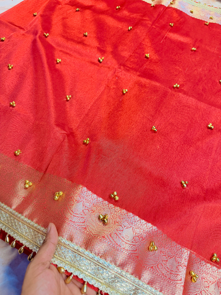 ZARDOSI GHUNGROO WORK SAREE IN CRYSTAL RED COLOUR SHADE