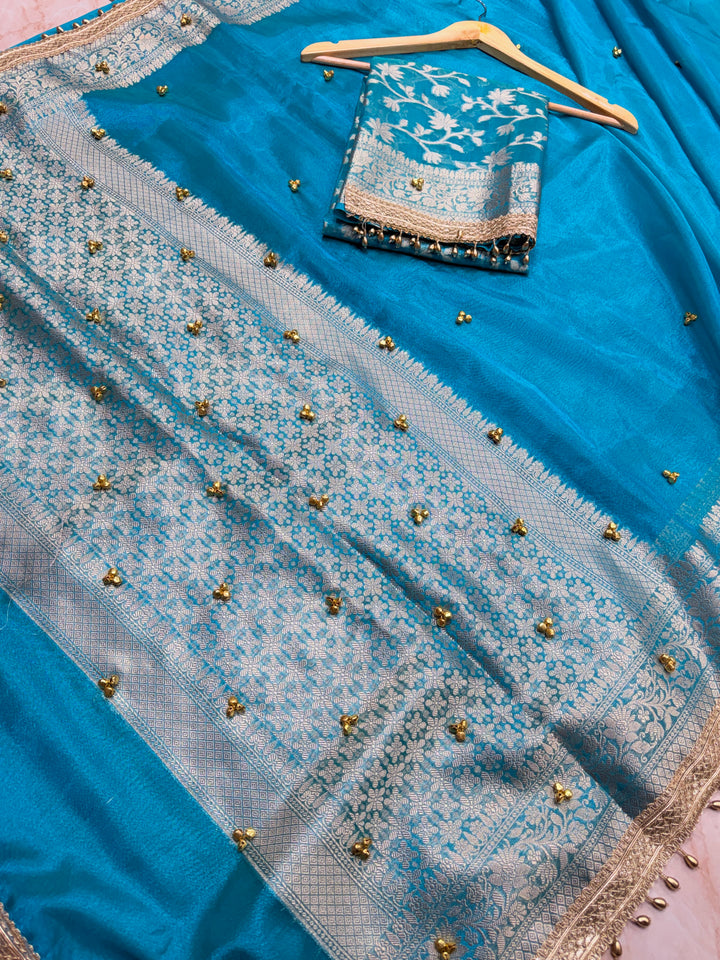 ZARDOSI GHUNGROO WORK SAREE IN MATALLIC TURQUOISE BLUE COLOUR SHADE