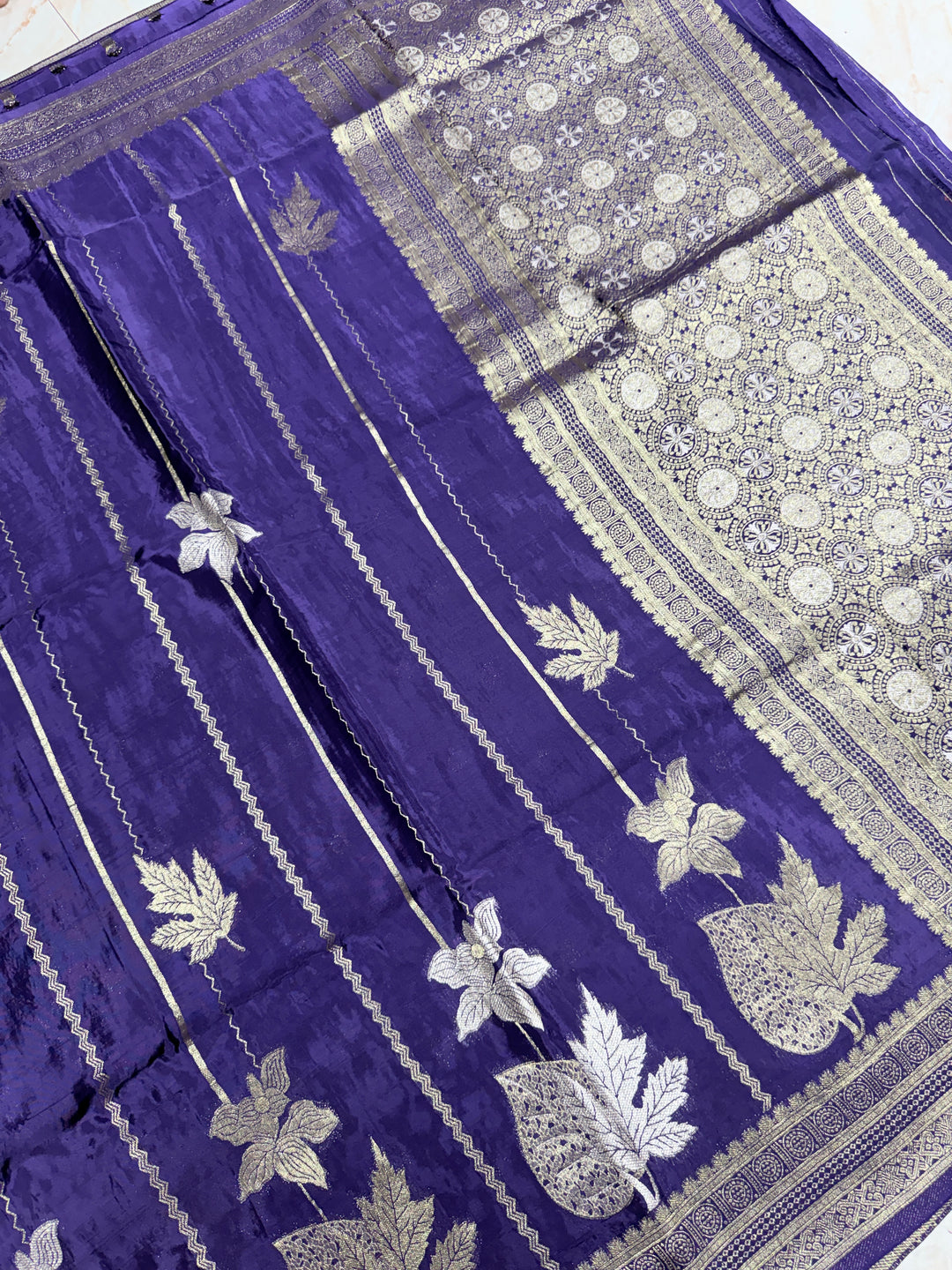 KOREAN SILK IN NAVY BLUE WITH GOLD AND SILVER ZARI WORK
