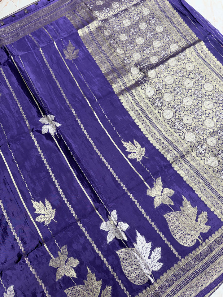KOREAN SILK IN NAVY BLUE WITH GOLD AND SILVER ZARI WORK