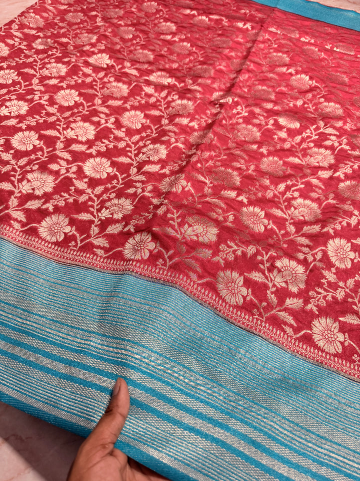 PAPER SILK IN FLORAL JAAL DESIGN IN TOMATO RED COLOUR SHADE