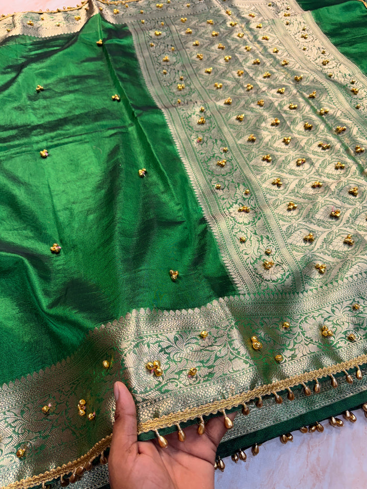 ZARDOSI GHUNGROO WORK SAREE IN BOTTLE GREEN COLOUR SHADE
