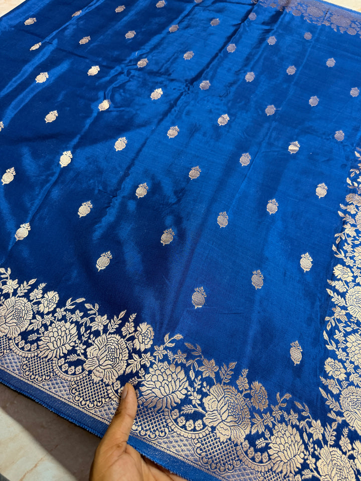 RUSSIAN COSMOS VISCOSE FABRIC SAREE IN GERMAN BLUE COLOUR SHADE