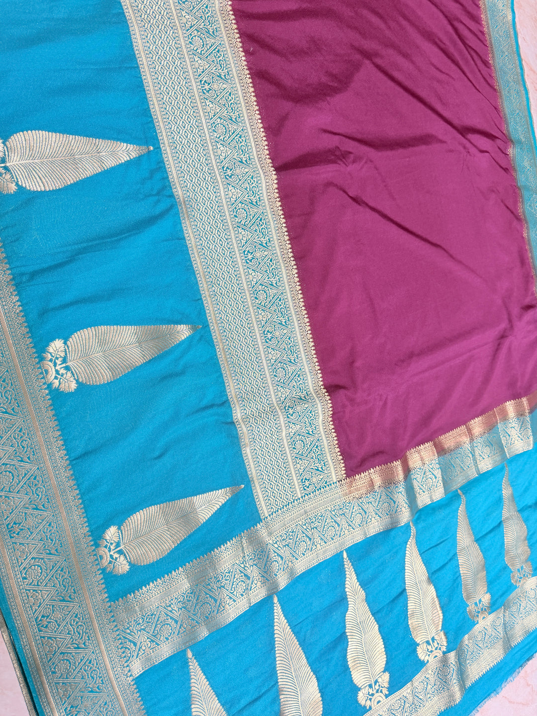 KHADDI GEORGETTE WITH KAIRI BOOTA IN MAGENTA AND DEEP SKY BLUE BORDER