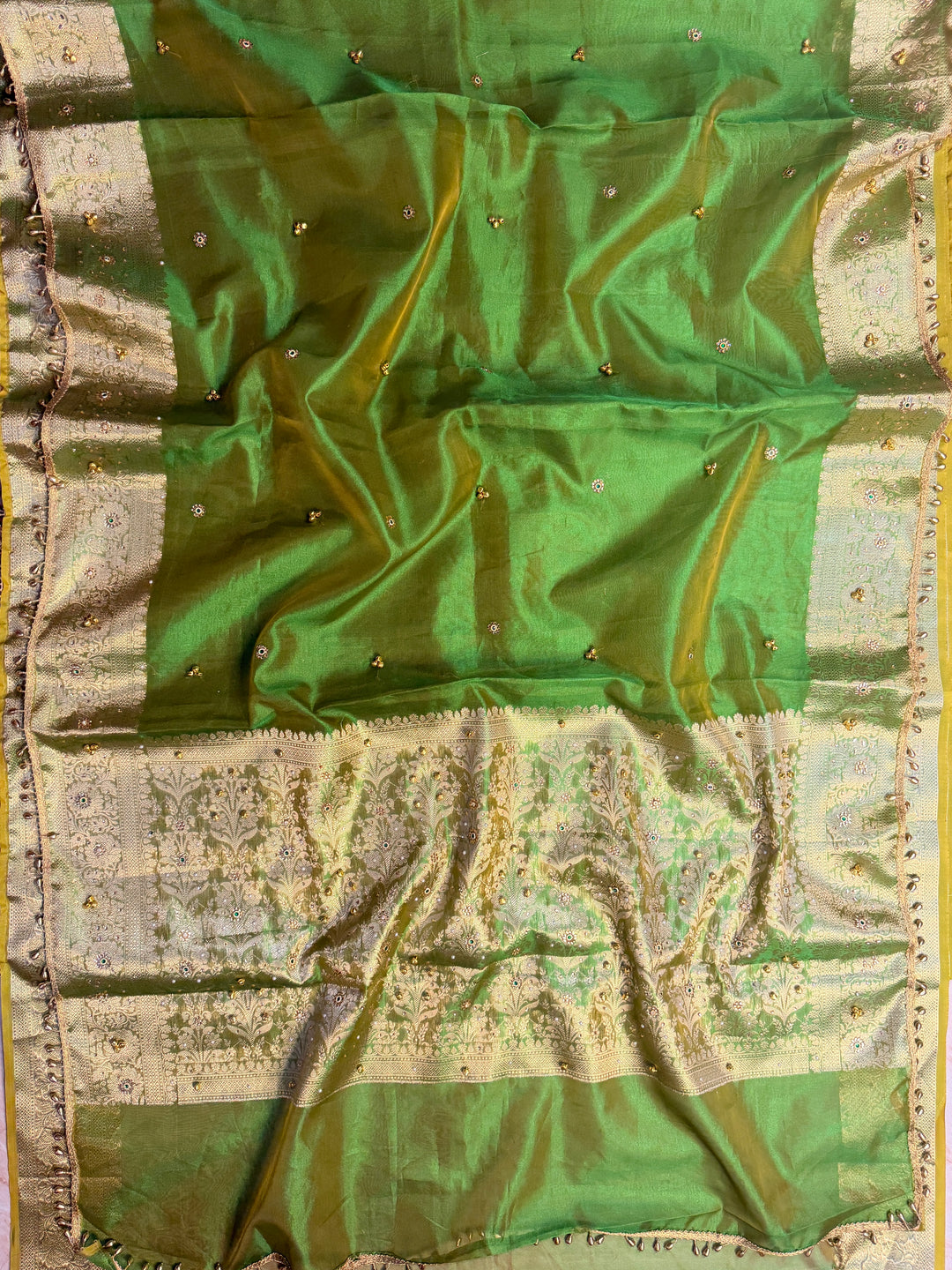 ZARDOSI GHUNGROO WORK SAREE IN MATALLIC GREEN COLOUR SHADE