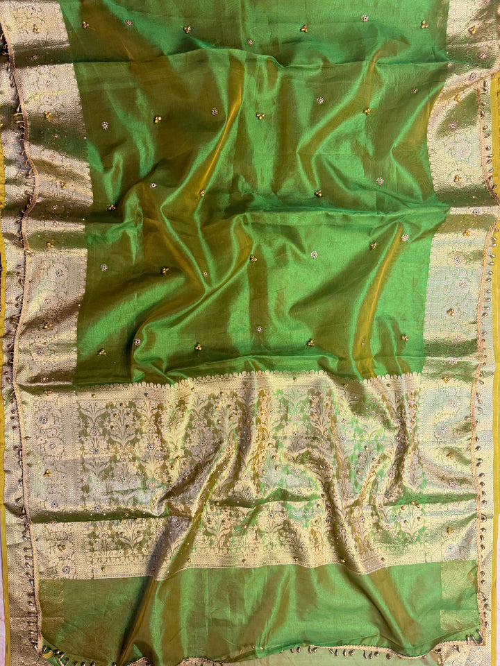 ZARDOSI GHUNGROO WORK SAREE IN MATALLIC GREEN COLOUR SHADE
