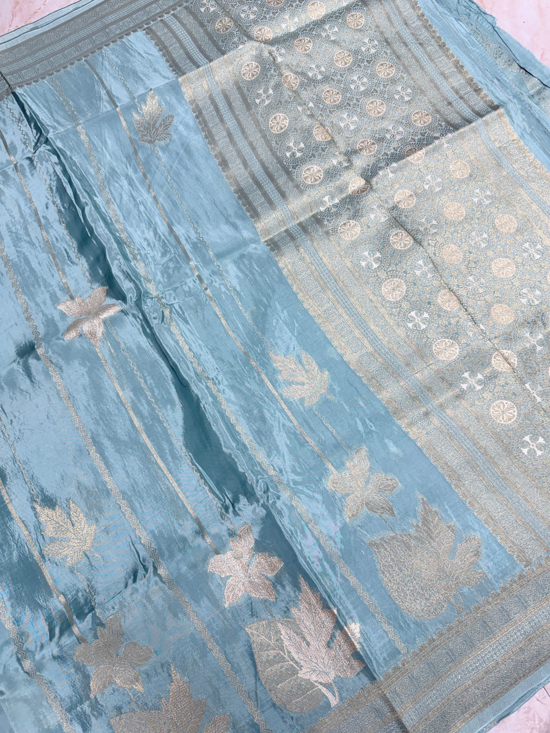 KOREAN SILK IN LIGHT MATALLIC AQUA BLUE WITH GOLD AND SILVER ZARI WORK