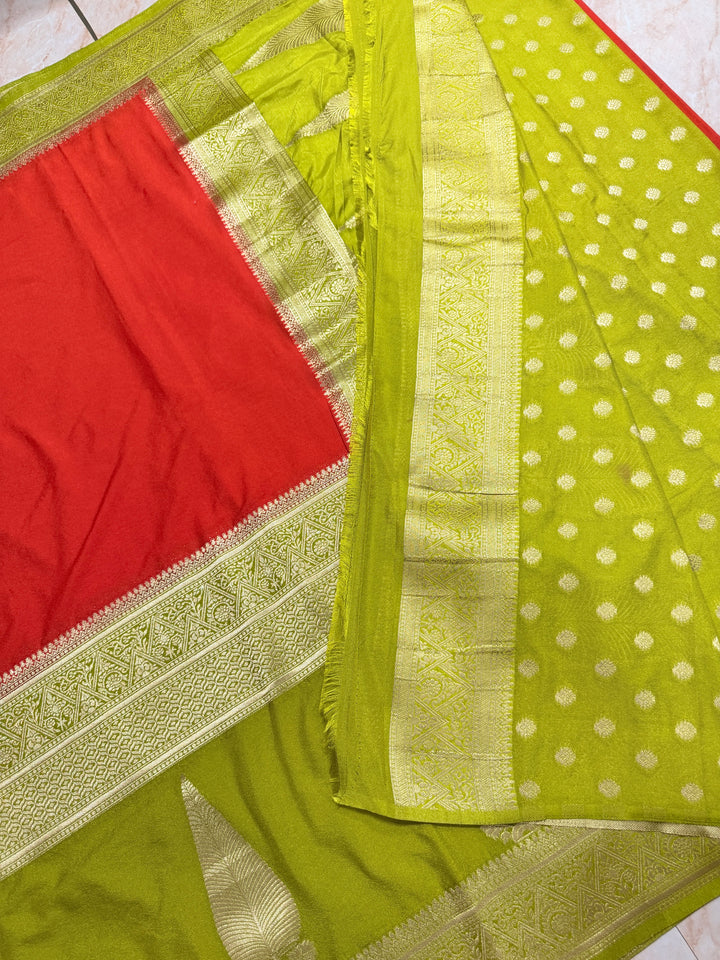 KHADDI GEORGETTE WITH KAIRI BOOTA IN ORANGE AND DEVDAS BORDER