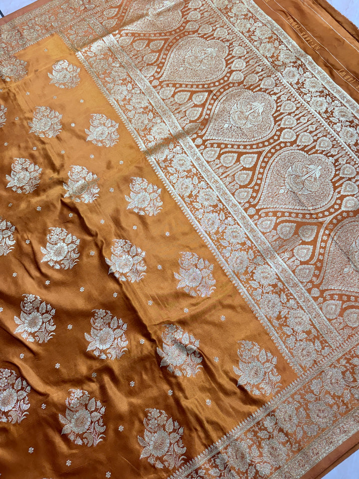 MASHRU KATAN IN MUSTARD SHADE WITH FLORAL BORDER
