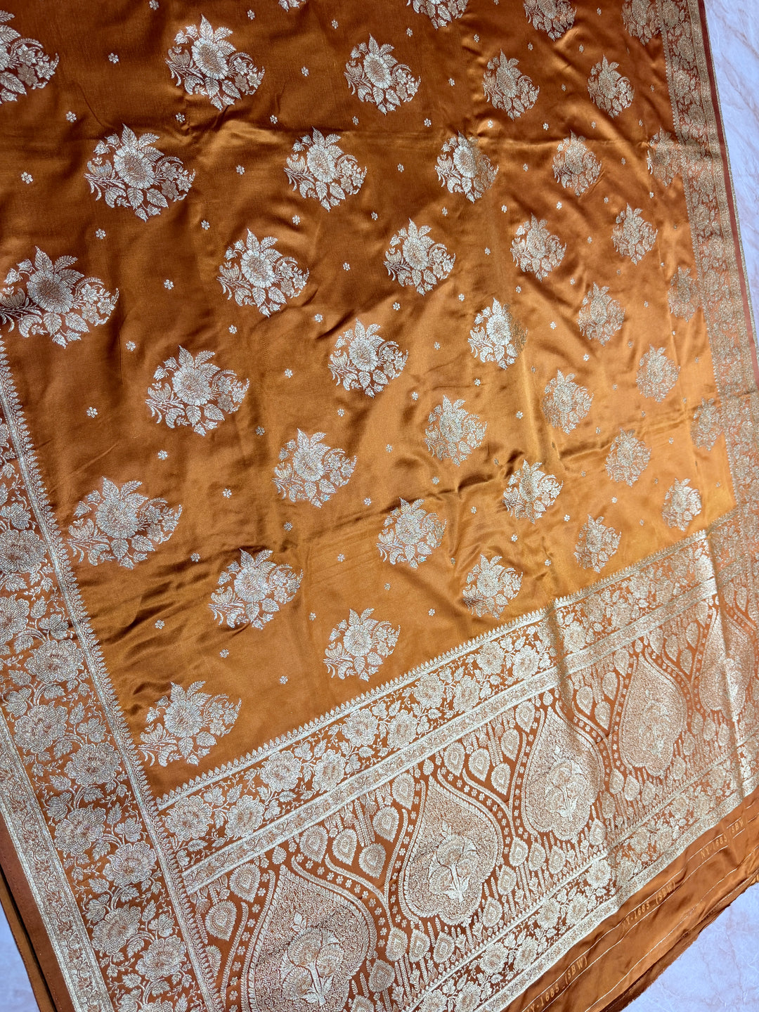MASHRU KATAN IN MUSTARD SHADE WITH FLORAL BORDER