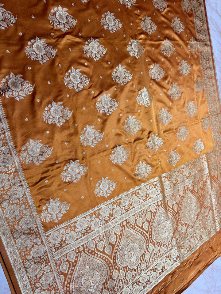 MASHRU KATAN IN MUSTARD SHADE WITH FLORAL BORDER