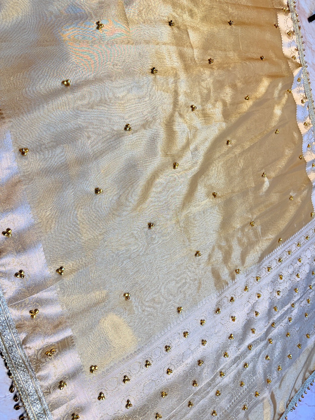 ZARDOSI GHUNGROO WORK SAREE IN CHAMPAGNE CREAM COLOUR SHADE