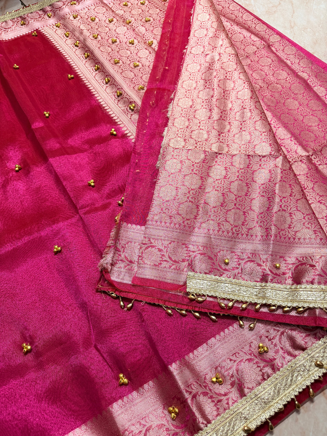 ZARDOSI GHUNGROO WORK SAREE IN RANI COLOUR SHADE