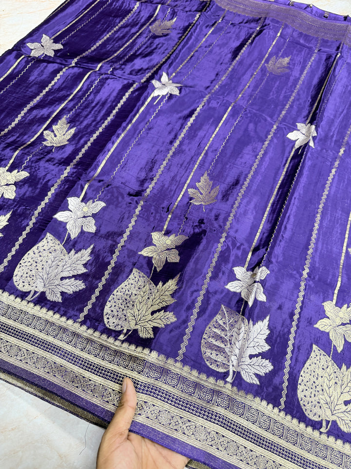 KOREAN SILK IN NAVY BLUE WITH GOLD AND SILVER ZARI WORK