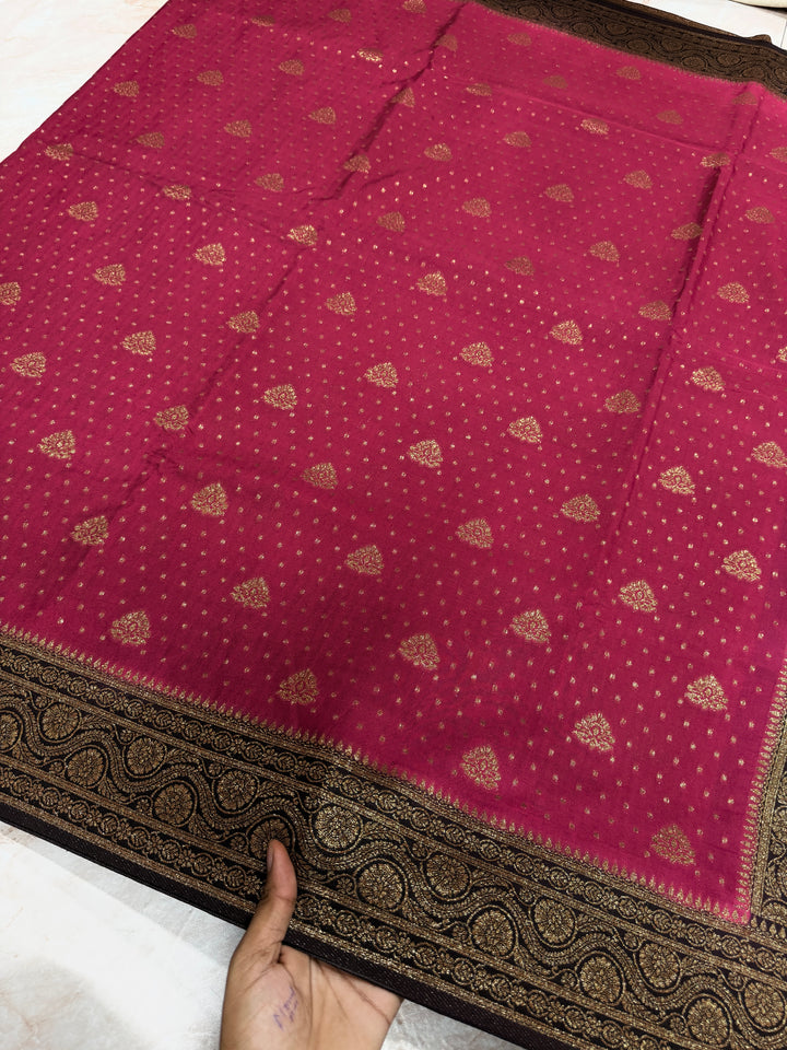 PREMIUM SEMI KHADDI VISCOSE GEORGETTE SAREE IN CHERRY COLOUR SHADE WITH CHOCOLATE  BORDER