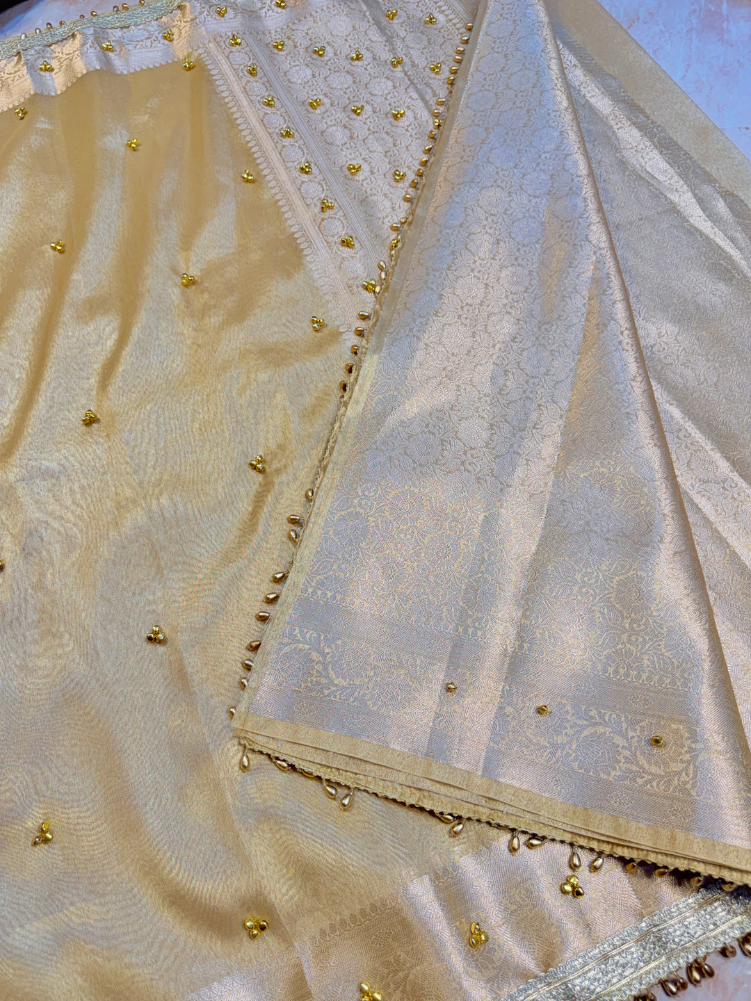 ZARDOSI GHUNGROO WORK SAREE IN CHAMPAGNE CREAM COLOUR SHADE