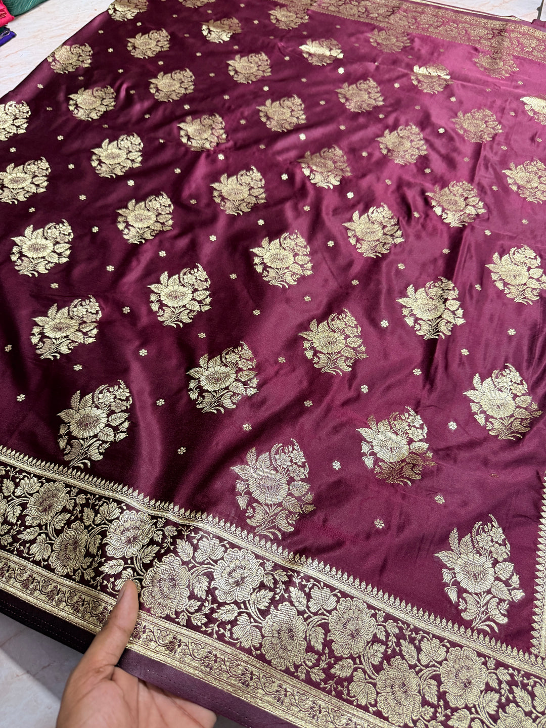 MASHRU KATAN IN WINE SHADE WITH FLORAL BORDER