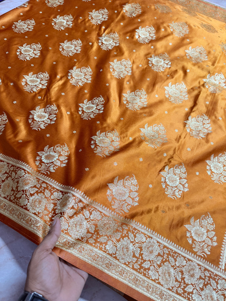 MASHRU KATAN IN MUSTARD SHADE WITH FLORAL BORDER