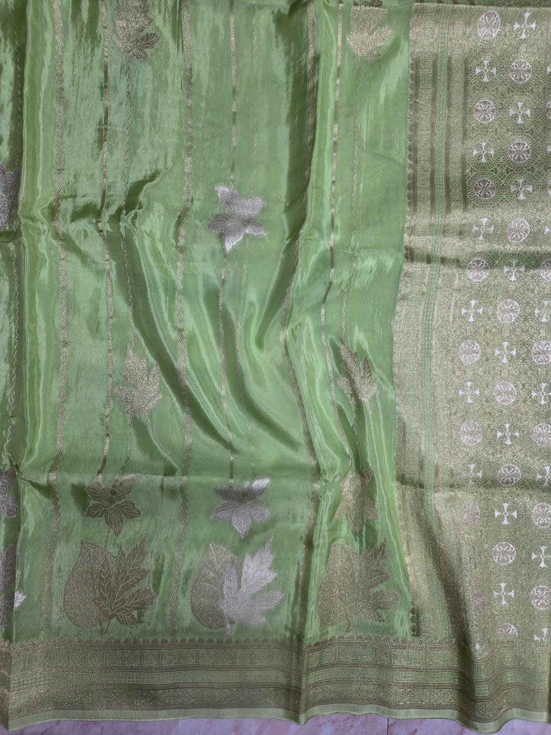 KOREAN SILK IN PISTA GREEN  WITH GOLD AND SILVER ZARI WORK