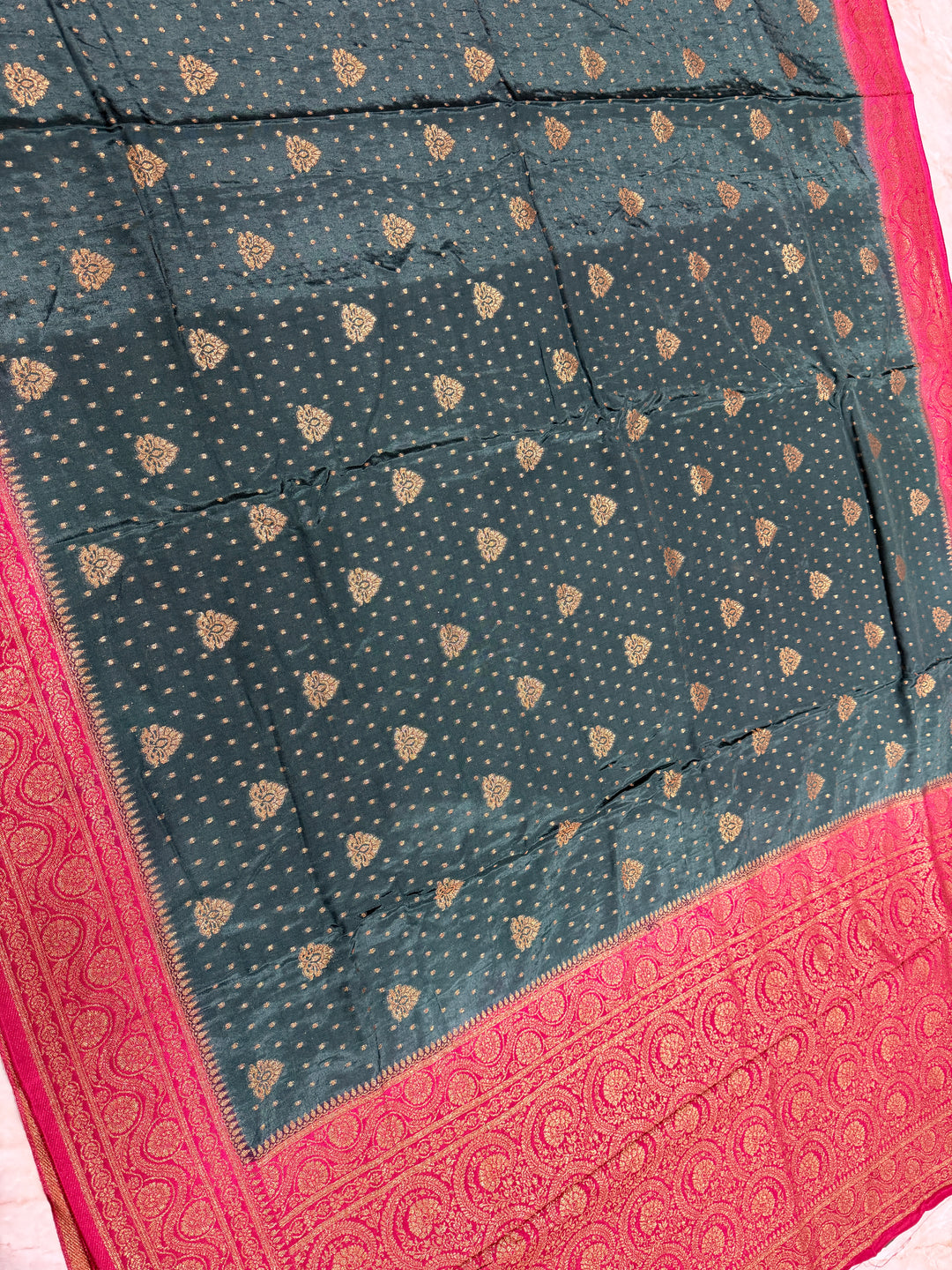 PREMIUM SEMI KHADDI VISCOSE GEORGETTE SAREE IN BOTTLE GREEN COLOUR SHADE WITH CHERRY  BORDER