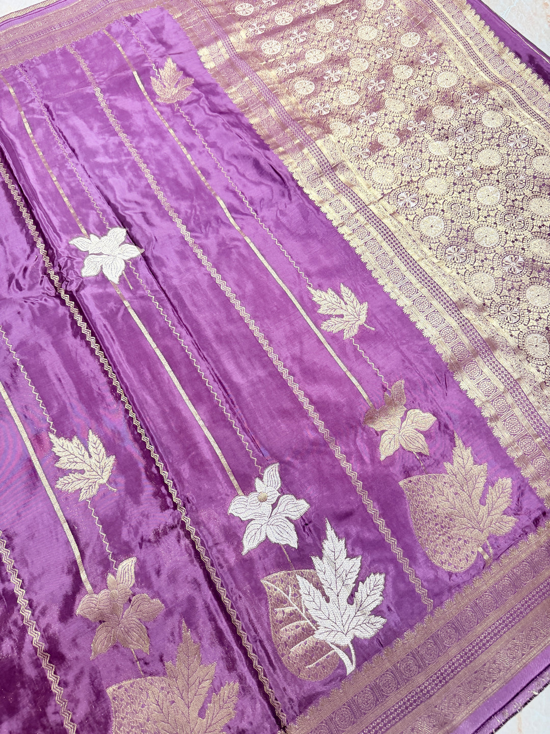 KOREAN SILK IN WINE WITH GOLD AND SILVER ZARI WORK