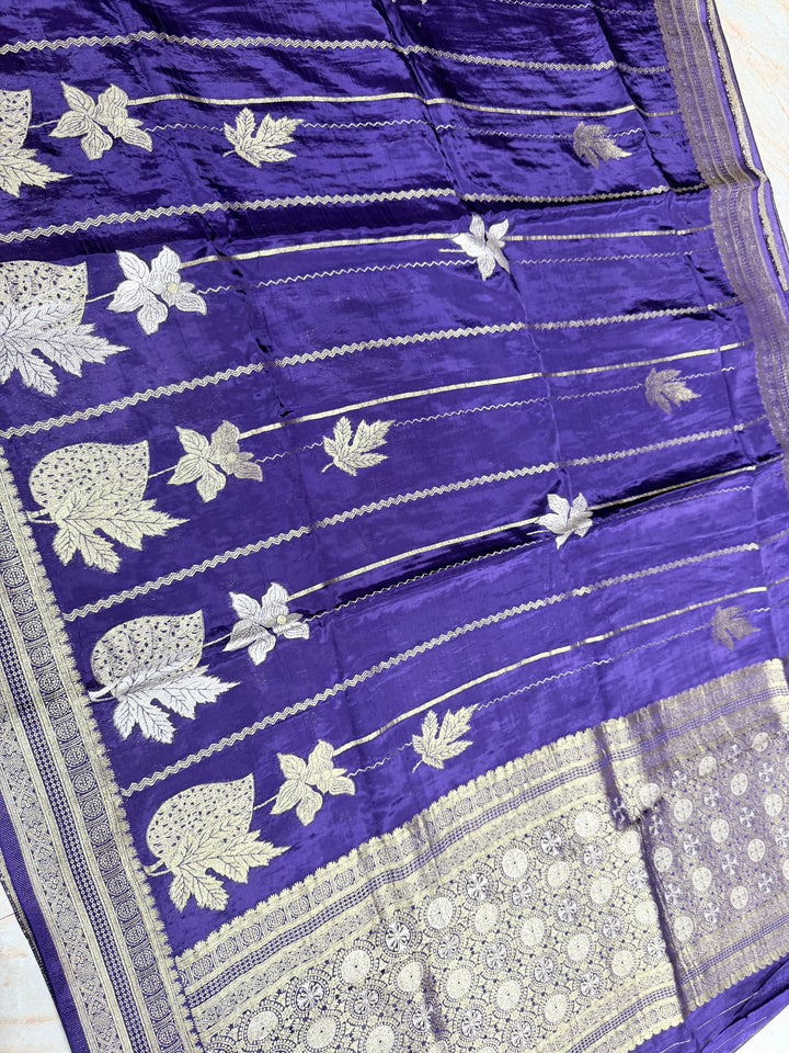 KOREAN SILK IN NAVY BLUE WITH GOLD AND SILVER ZARI WORK