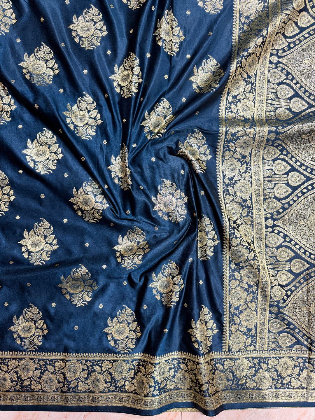 MASHRU KATAN IN DEEP GERMAN BLUE SHADE WITH FLORAL BORDER