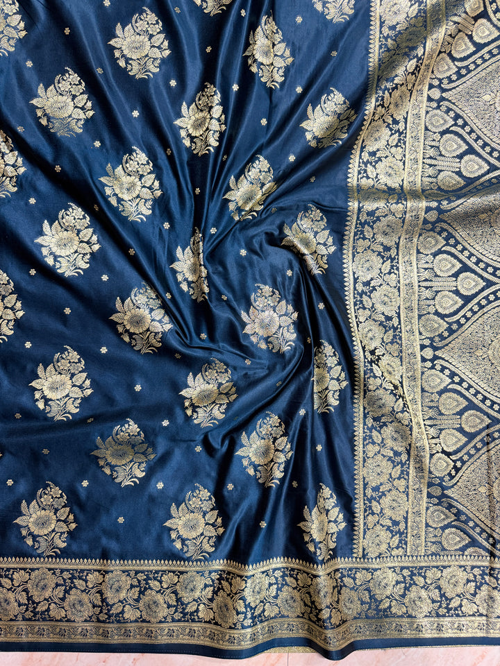 MASHRU KATAN IN DEEP GERMAN BLUE SHADE WITH FLORAL BORDER