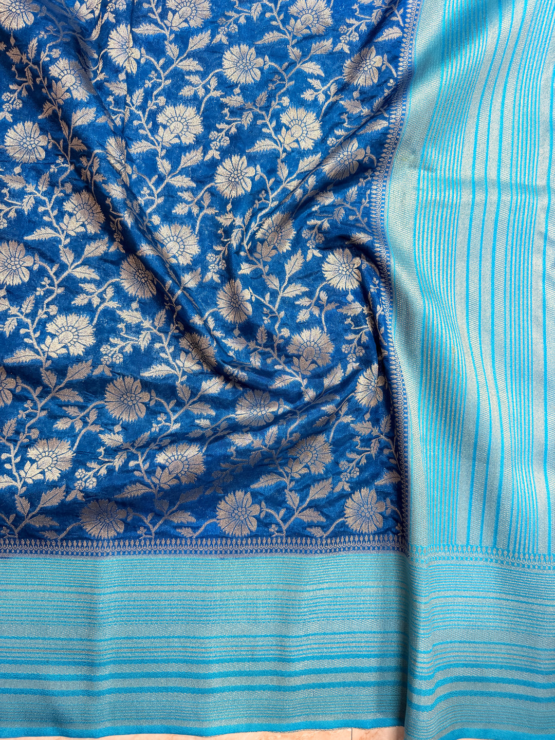 PAPER SILK WITH FLORAL JAAL DESIGN IN GERMAN BLUE COLOUR SHADE