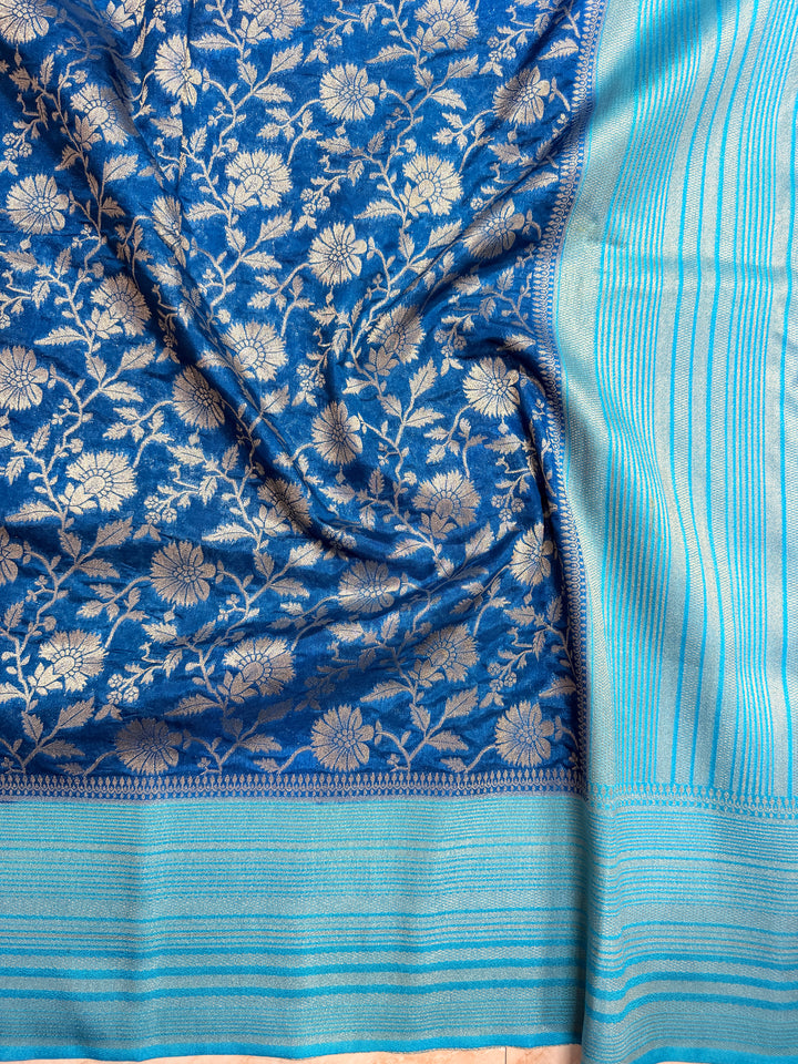 PAPER SILK WITH FLORAL JAAL DESIGN IN GERMAN BLUE COLOUR SHADE