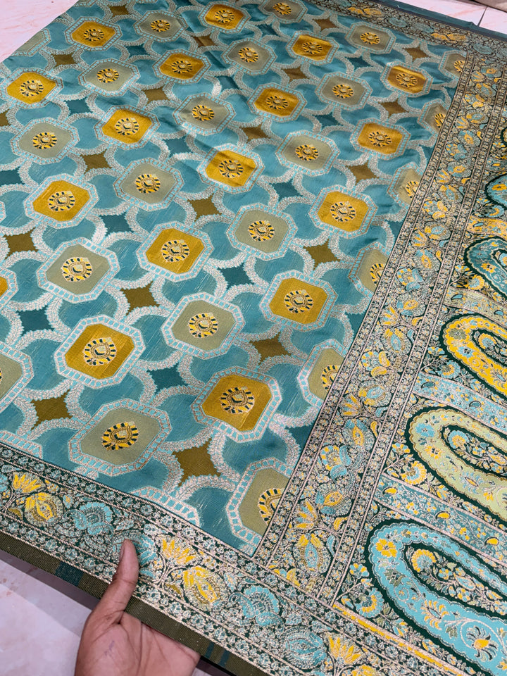 TEAL GREEN WITH MINAKARI MUTICOLOUR DETALING RANGKAAT SAREE IN SEMI SOFT SILK