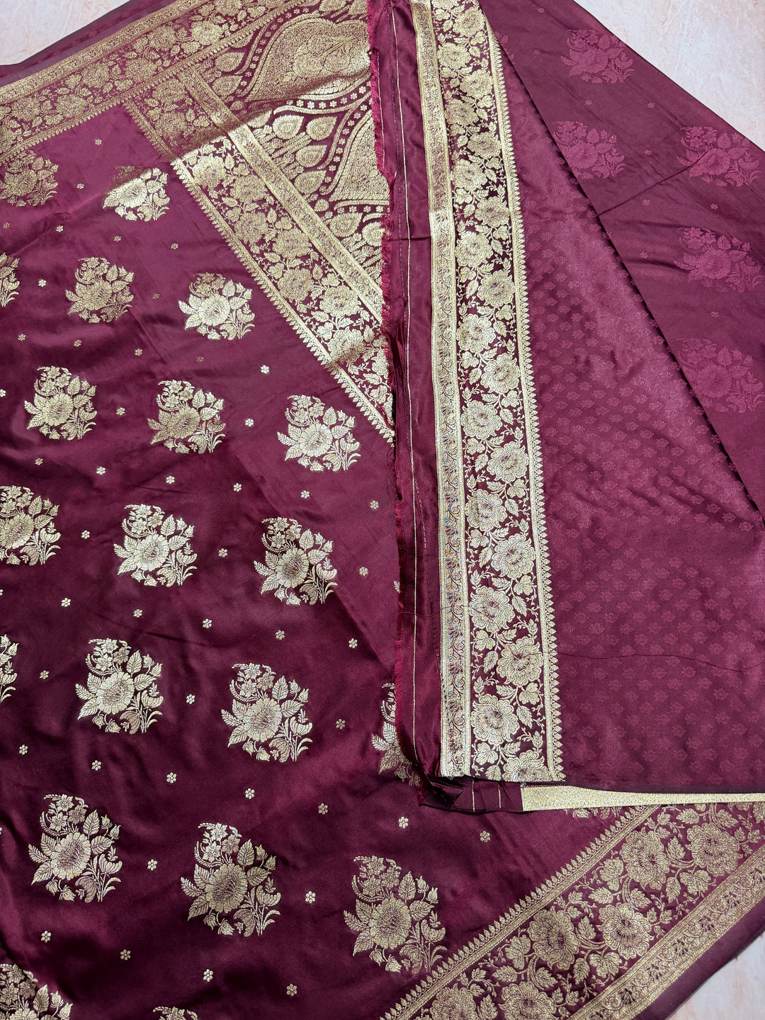 MASHRU KATAN IN WINE SHADE WITH FLORAL BORDER