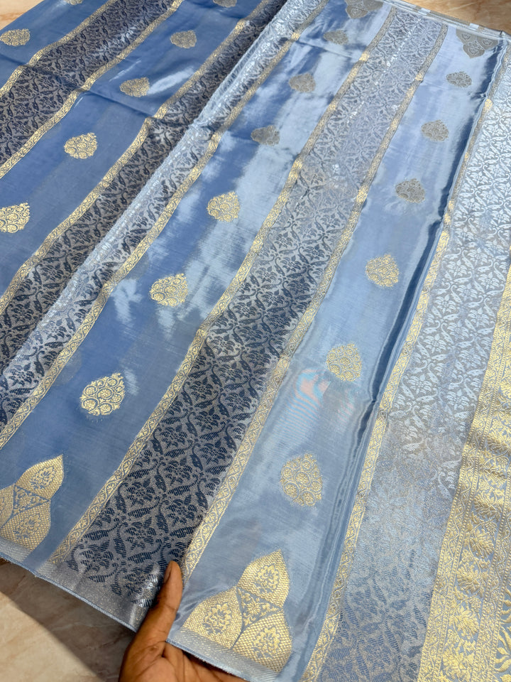 PREMIUM KOREAN VISCOSE FABRIC SAREE IN LIGHT SKY GREY COLOUR SHADE WITH DESIGNER