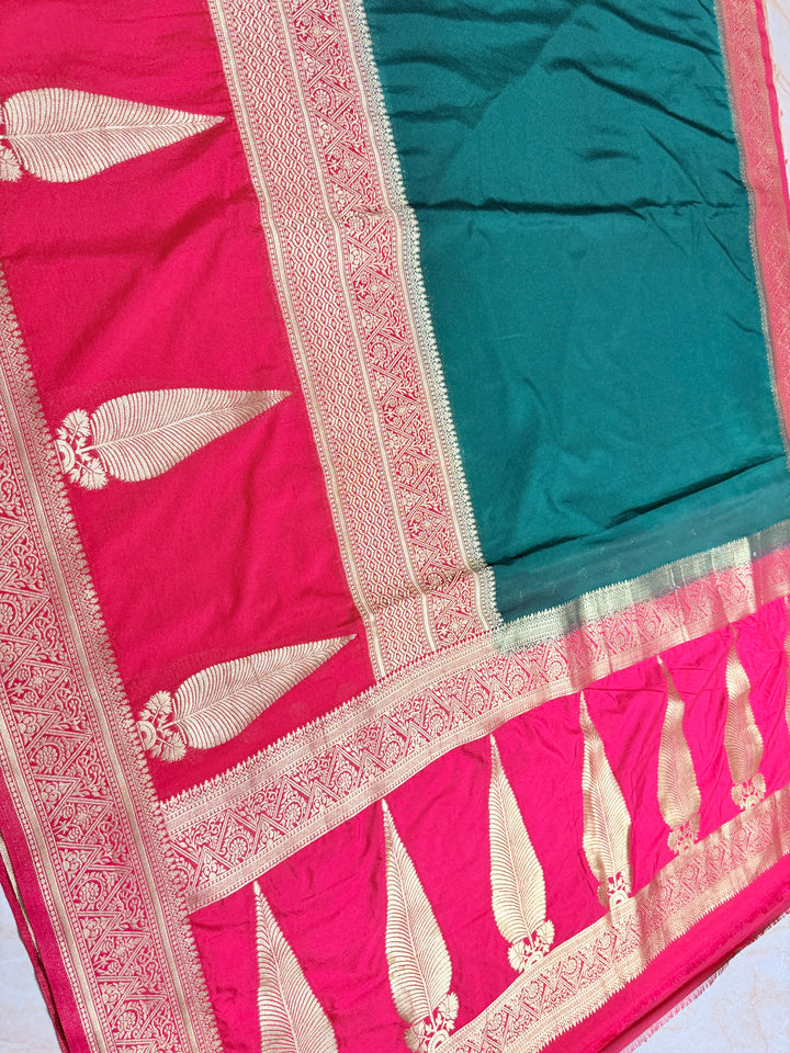 KHADDI GEORGETTE WITH KAIRI BOOTA IN BOTTLE GREEN AND CHERRY RANI BORDER