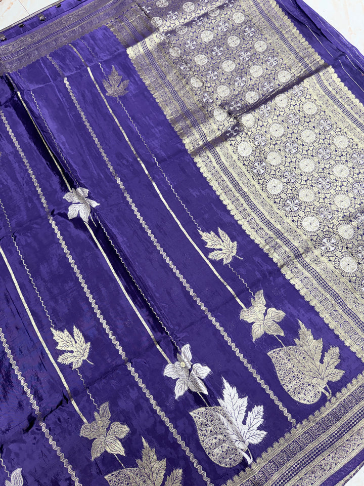KOREAN SILK IN NAVY BLUE WITH GOLD AND SILVER ZARI WORK