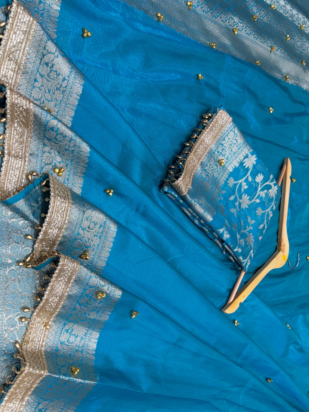ZARDOSI GHUNGROO WORK SAREE IN MATALLIC TURQUOISE BLUE COLOUR SHADE
