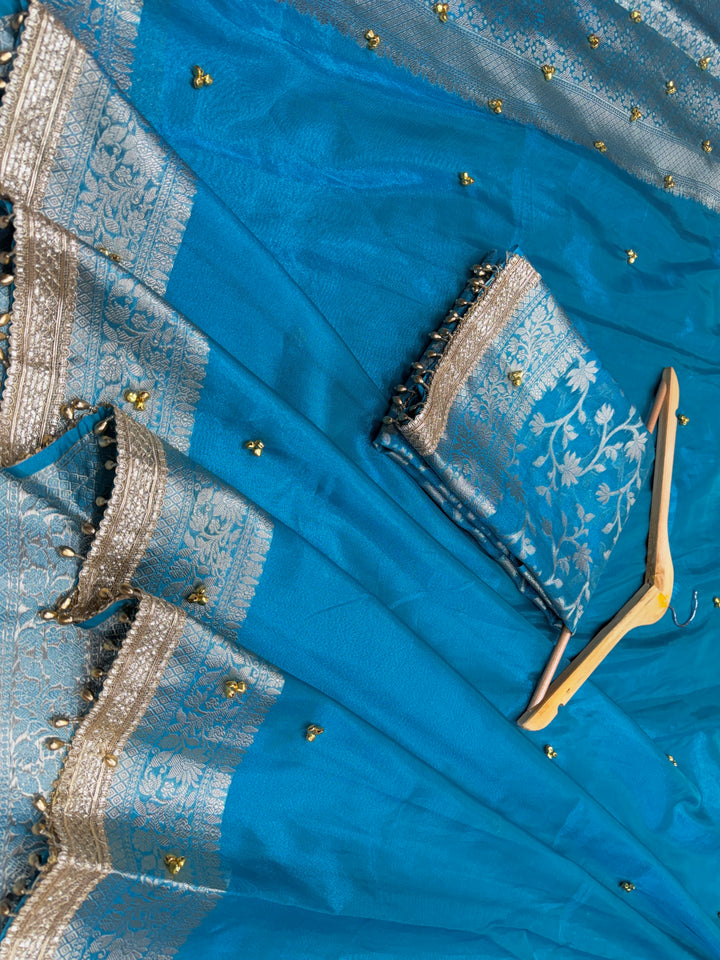 ZARDOSI GHUNGROO WORK SAREE IN MATALLIC TURQUOISE BLUE COLOUR SHADE