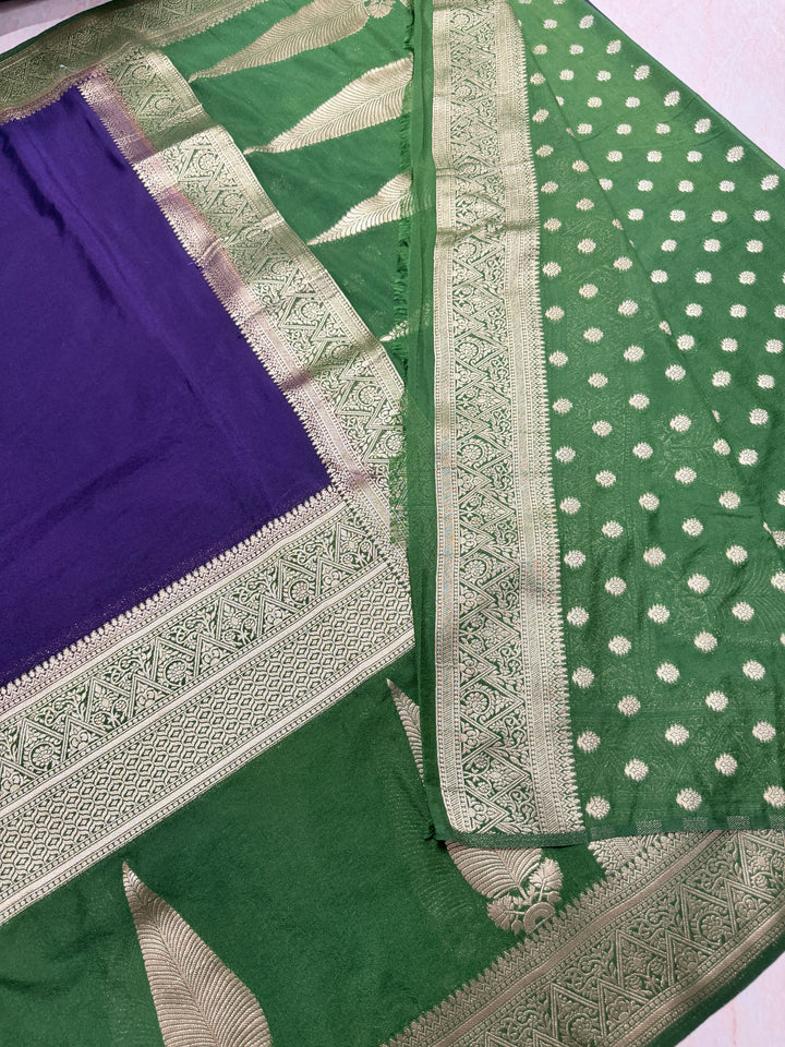 KHADDI GEORGETTE WITH KAIRI BOOTA IN PURPLE AND MEHNDI GREEN BORDER